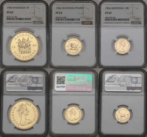 イギリス領ローデシア 1966年 エリザベス2世 5ポンド金貨 3枚セット PF63 : 4677121-001