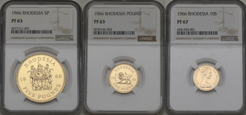 イギリス領ローデシア 1966年 エリザベス2世 5ポンド金貨 3枚セット PF63 : 4677121-001