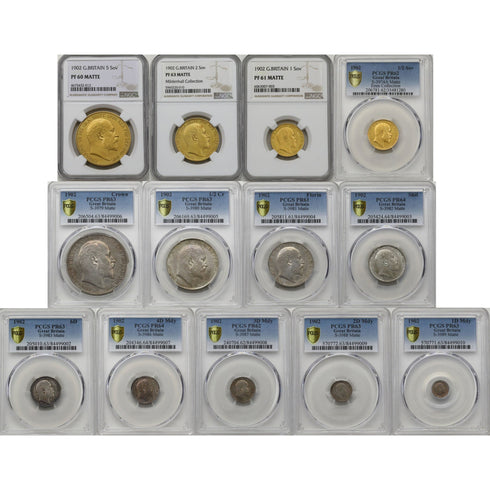 イギリス 1902年 エドワード7世 金貨・銀貨13枚フルセット 元箱付き:4675432-012-UNIVERSAL COIN