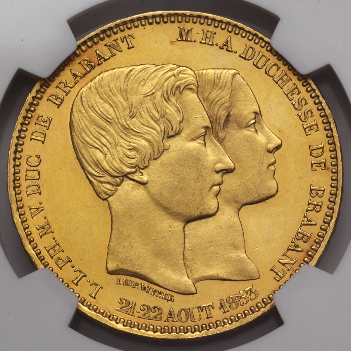 ベルギー　1853年　レオポルド1世　皇太子夫妻結婚記念　100フラン金貨　MS61（NGC）
