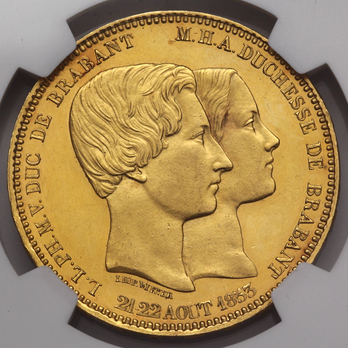 販売実績-ベルギー　1853年　レオポルド1世　皇太子夫妻結婚記念　100フラン金貨　MS61（NGC）-UNIVERSAL COIN