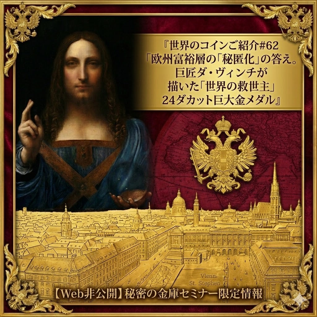 世界のコインご紹介#62「欧州富裕層の「秘匿化」の答え。巨匠ダ・ヴィンチが描いた「世界の救世主」24ダカット巨大金メダル