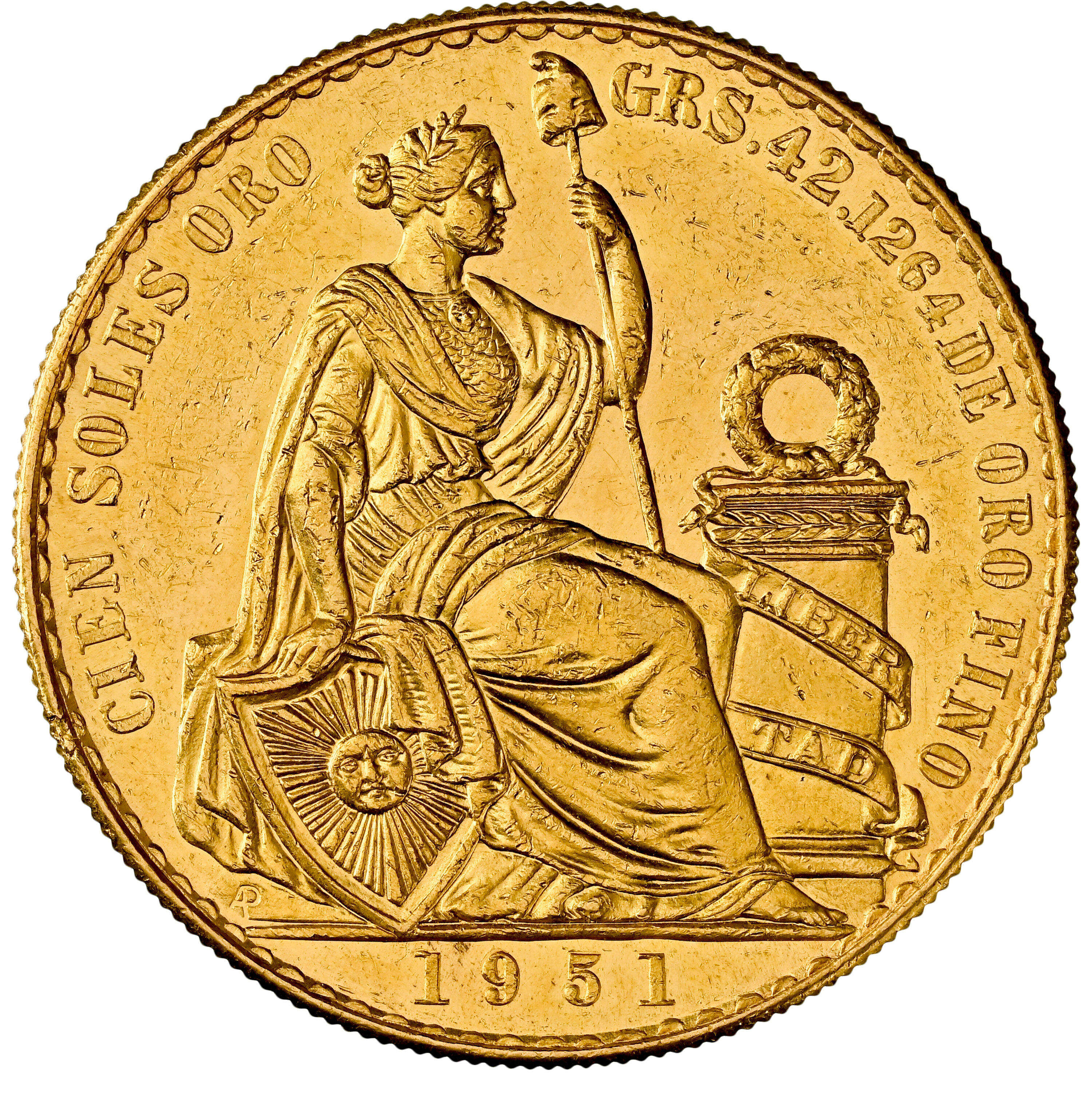 ペルー 1951年 女神座像 100ソル金貨 MS60：8662804-002