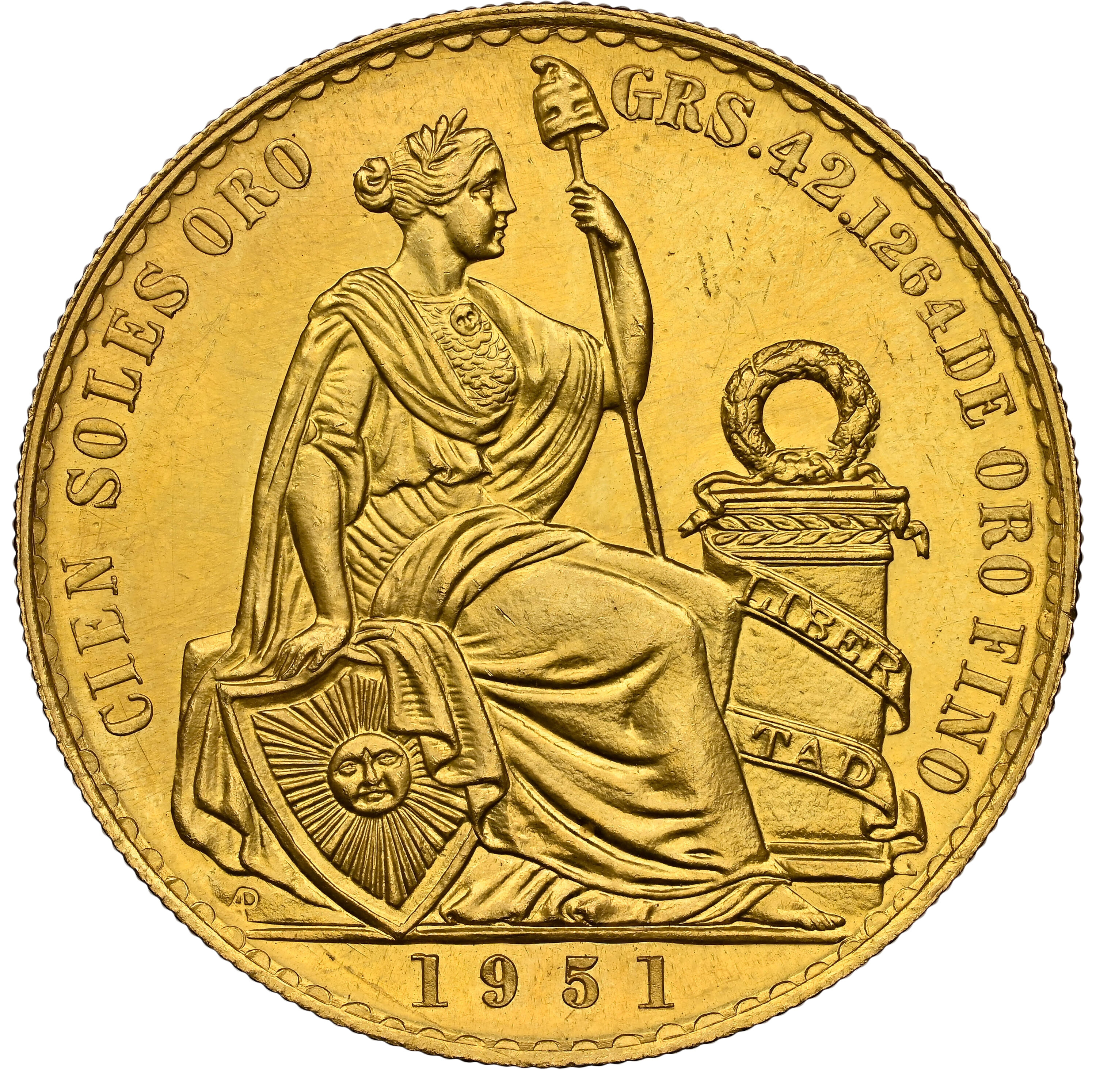 ペルー 1951年 女神座像 100ソル金貨 MS63：8242907-002