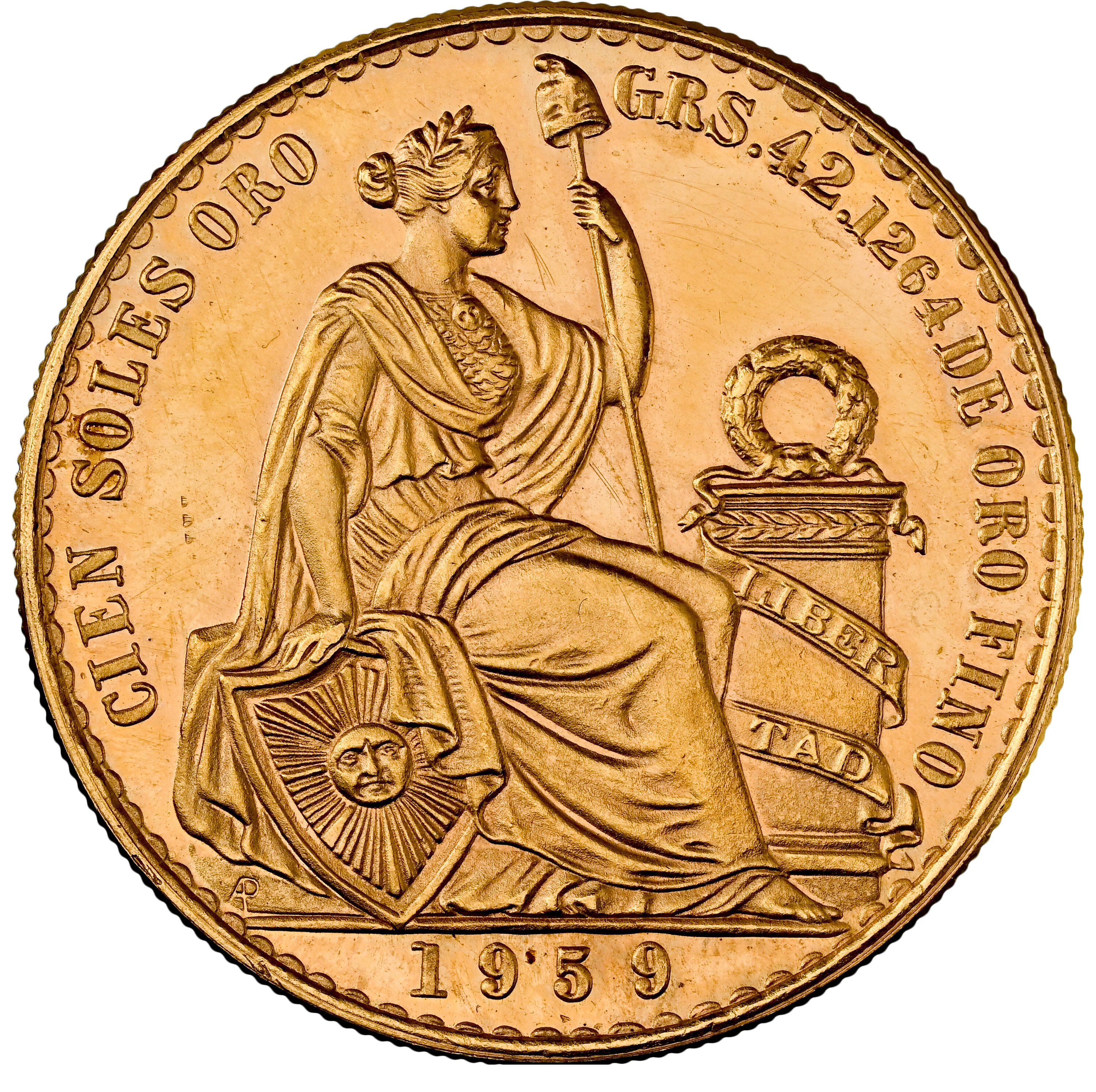 ペルー 1959年 女神座像 100ソル金貨 MS63：8662806-002
