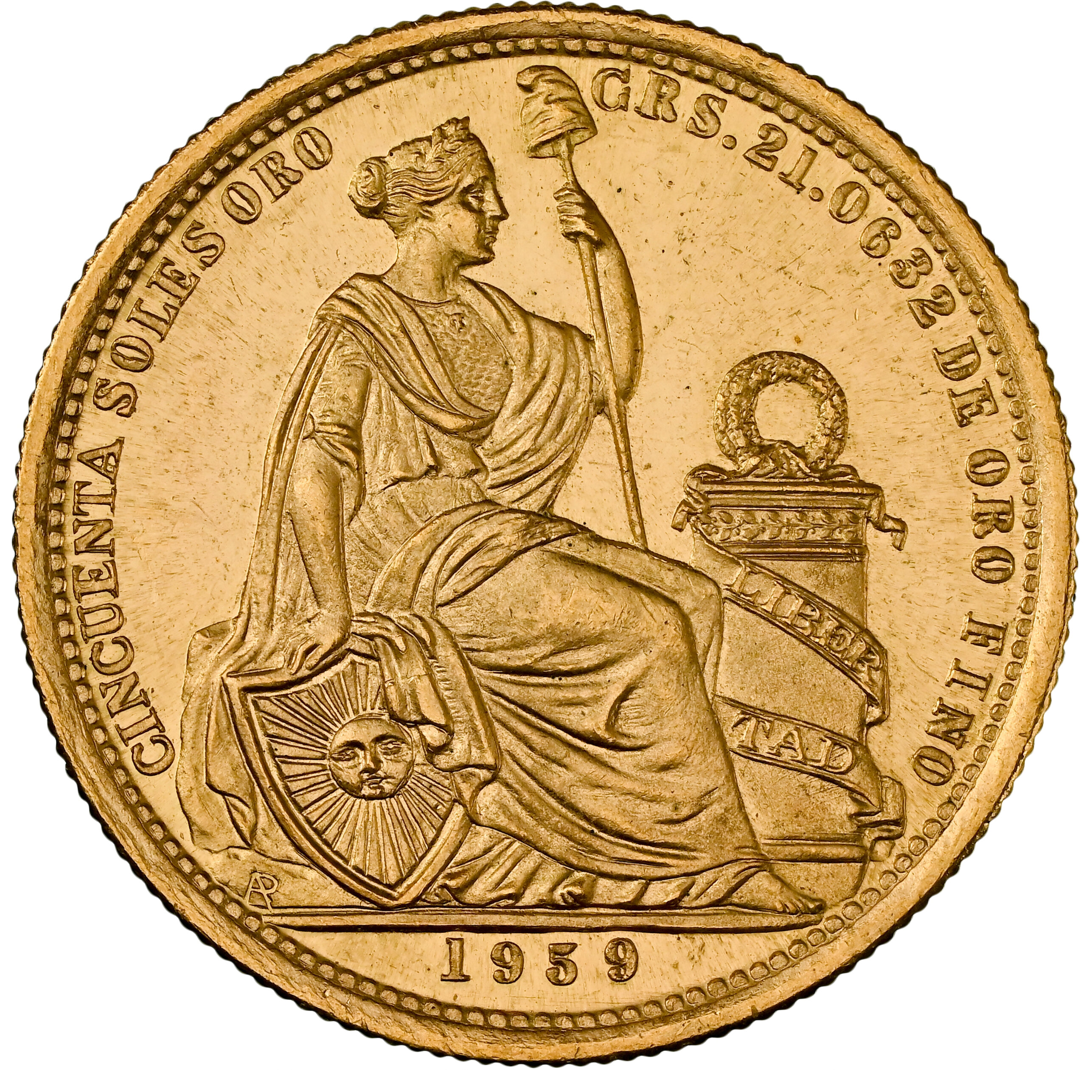 ペルー 1959年 女神座像 50ソル金貨 MS65：8662806-017