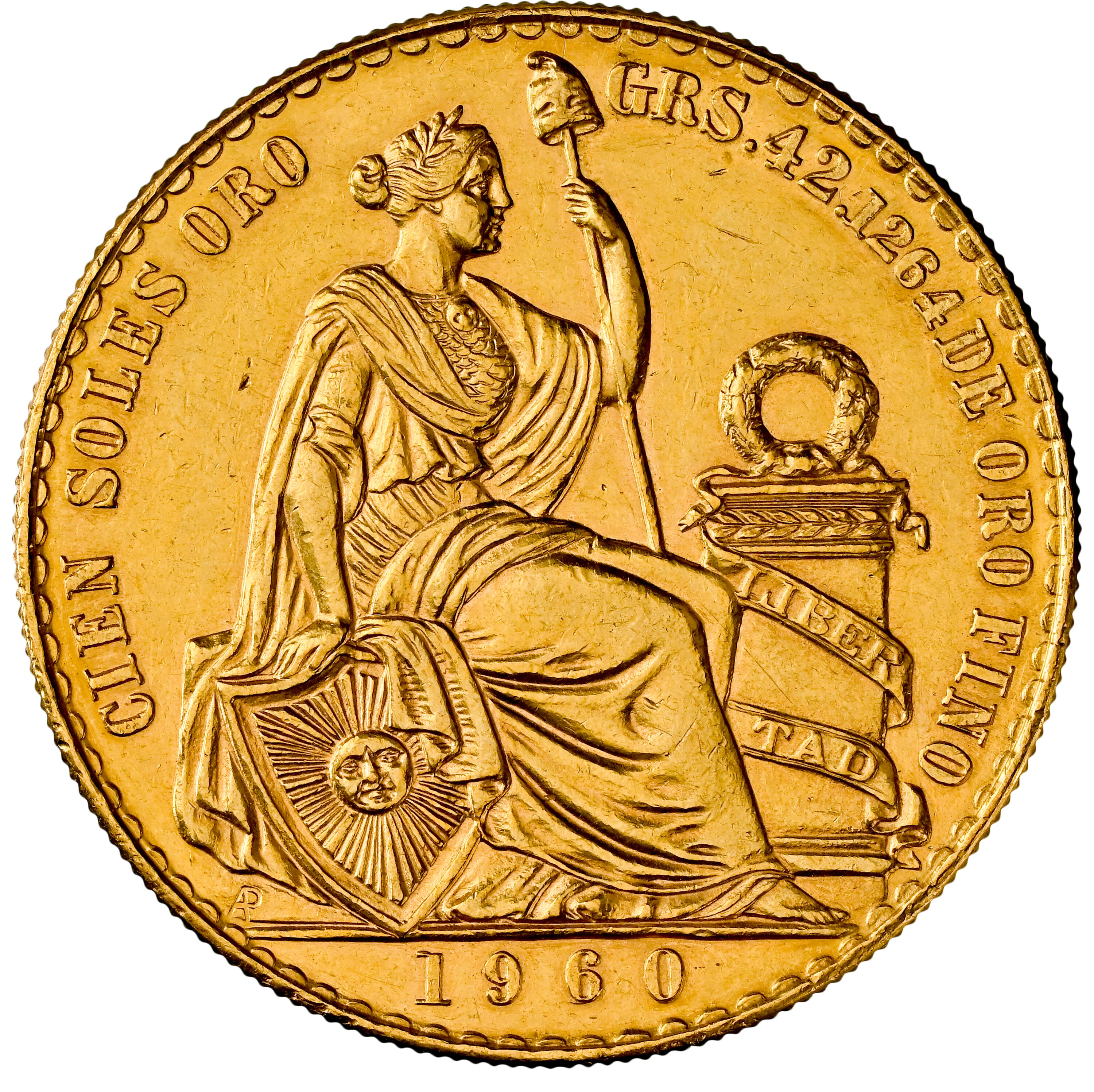 ペルー 1960年 女神座像 100ソル金貨 AU Details：8662804-008