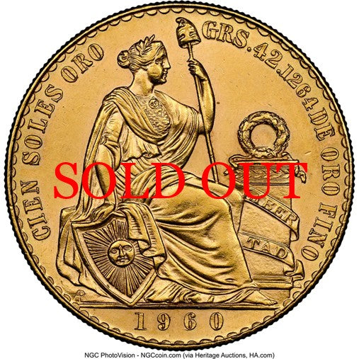 ペルー 1960年 女神座像 100ソル金貨 MS62：8523265-014