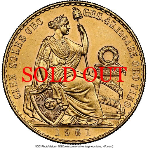 ペルー 1961年 女神座像 100ソル金貨 MS62：8523265-015