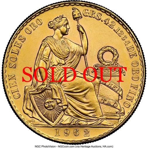 ペルー 1962年 女神座像 100ソル金貨 MS61：8523265-016