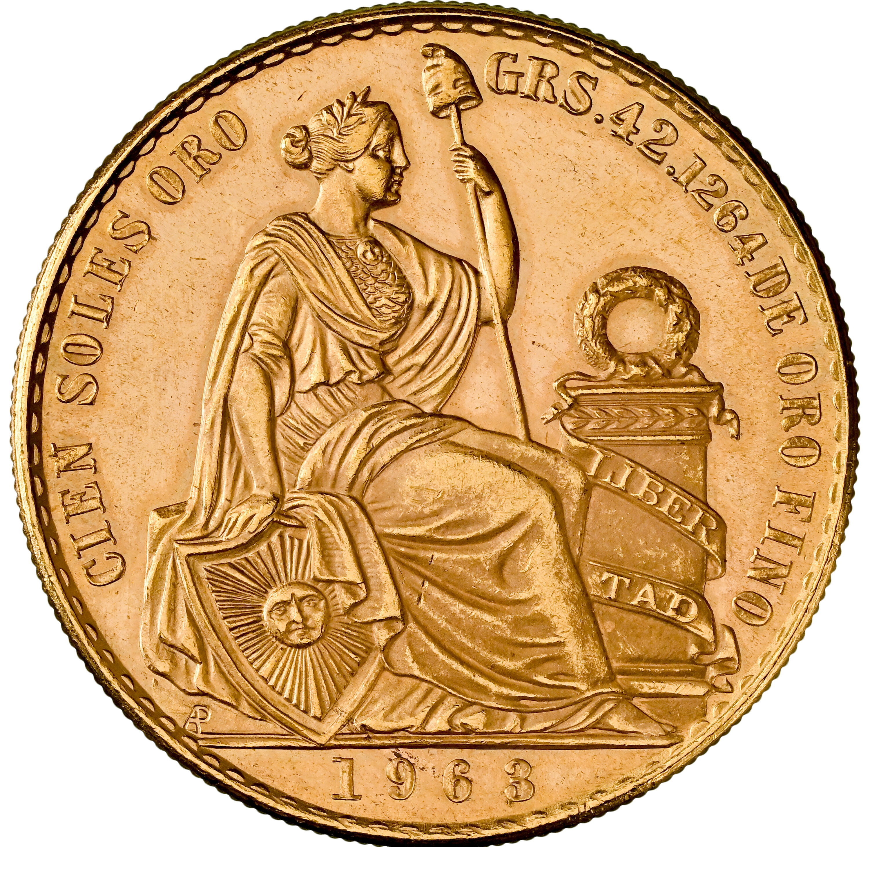 ペルー 1963年 女神座像 100ソル金貨 MS62：8662804-005