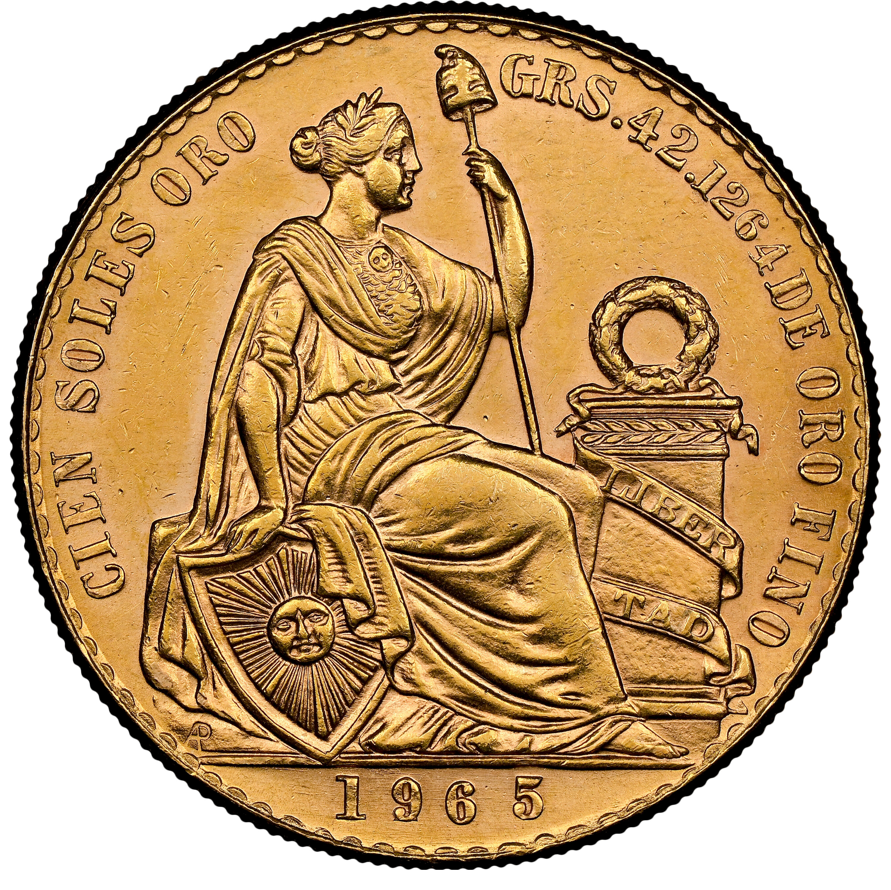 ペルー 1965年 女神座像 100ソル金貨 MS62：8523265-010