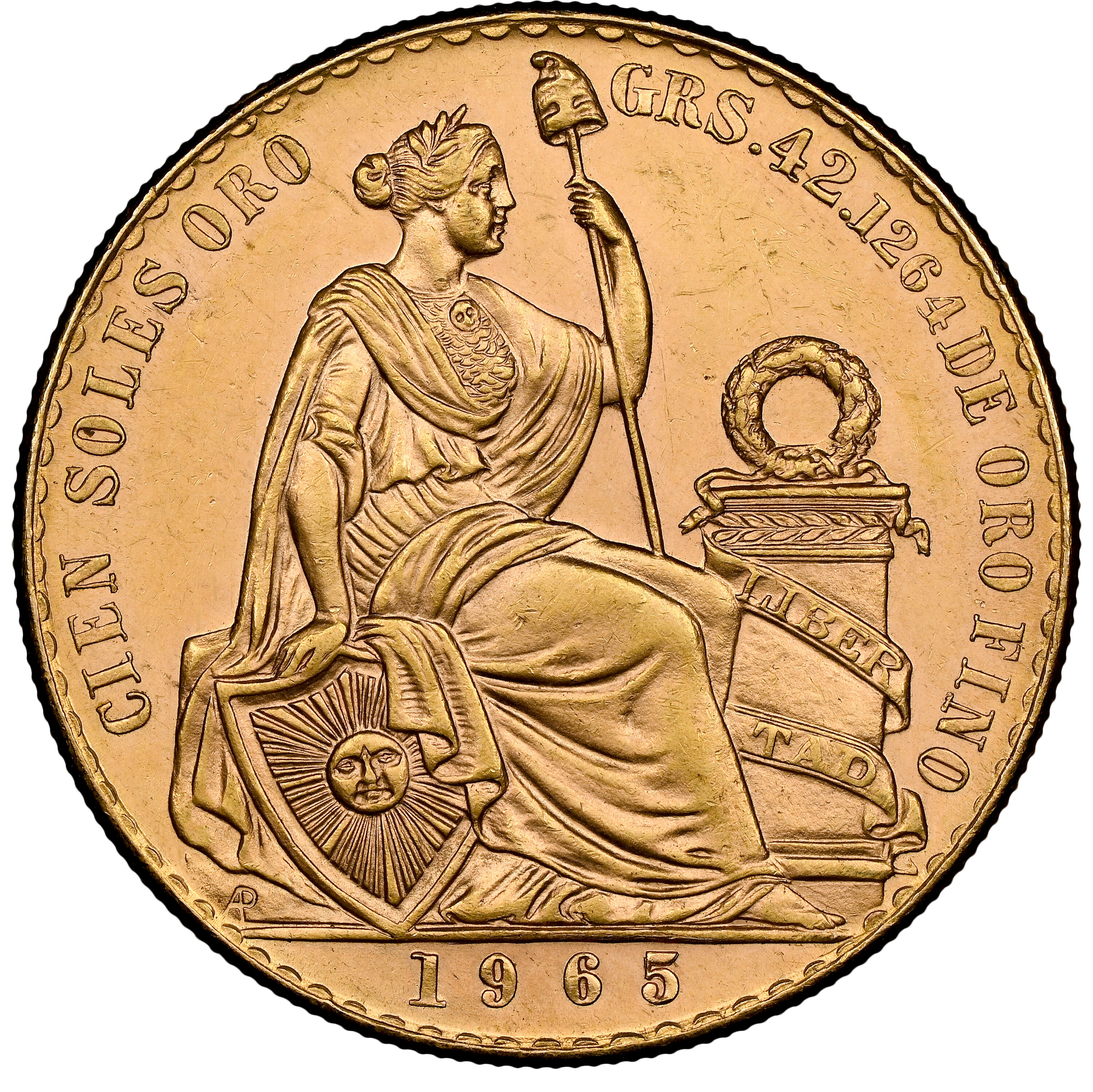 ペルー 1965年 女神座像 100ソル金貨 MS62：8523265-011
