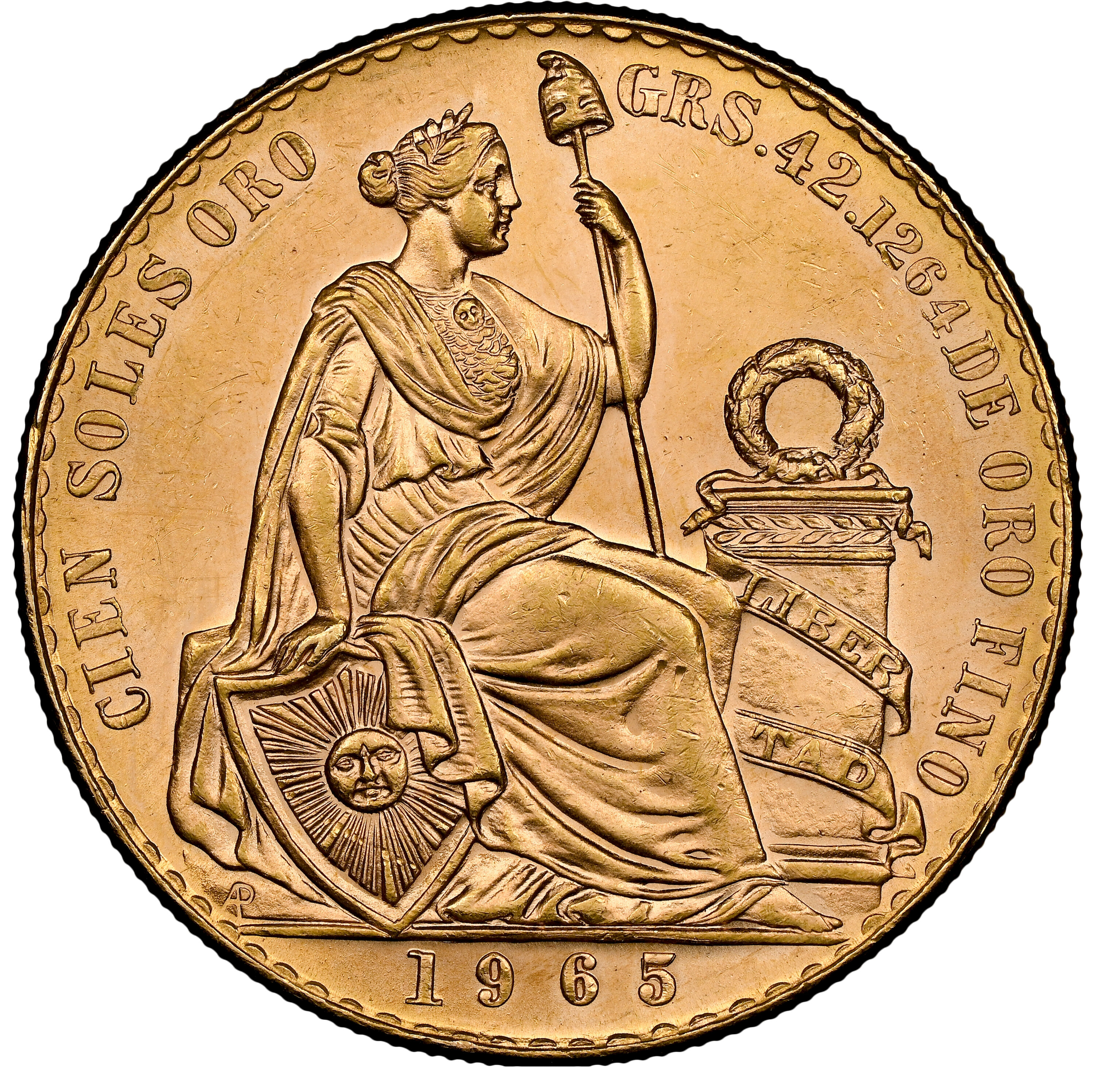 ペルー 1965年 女神座像 100ソル金貨 MS64：8523265-009