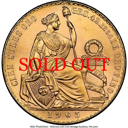 ペルー 1965年 女神座像 100ソル金貨 MS63：8523265-001