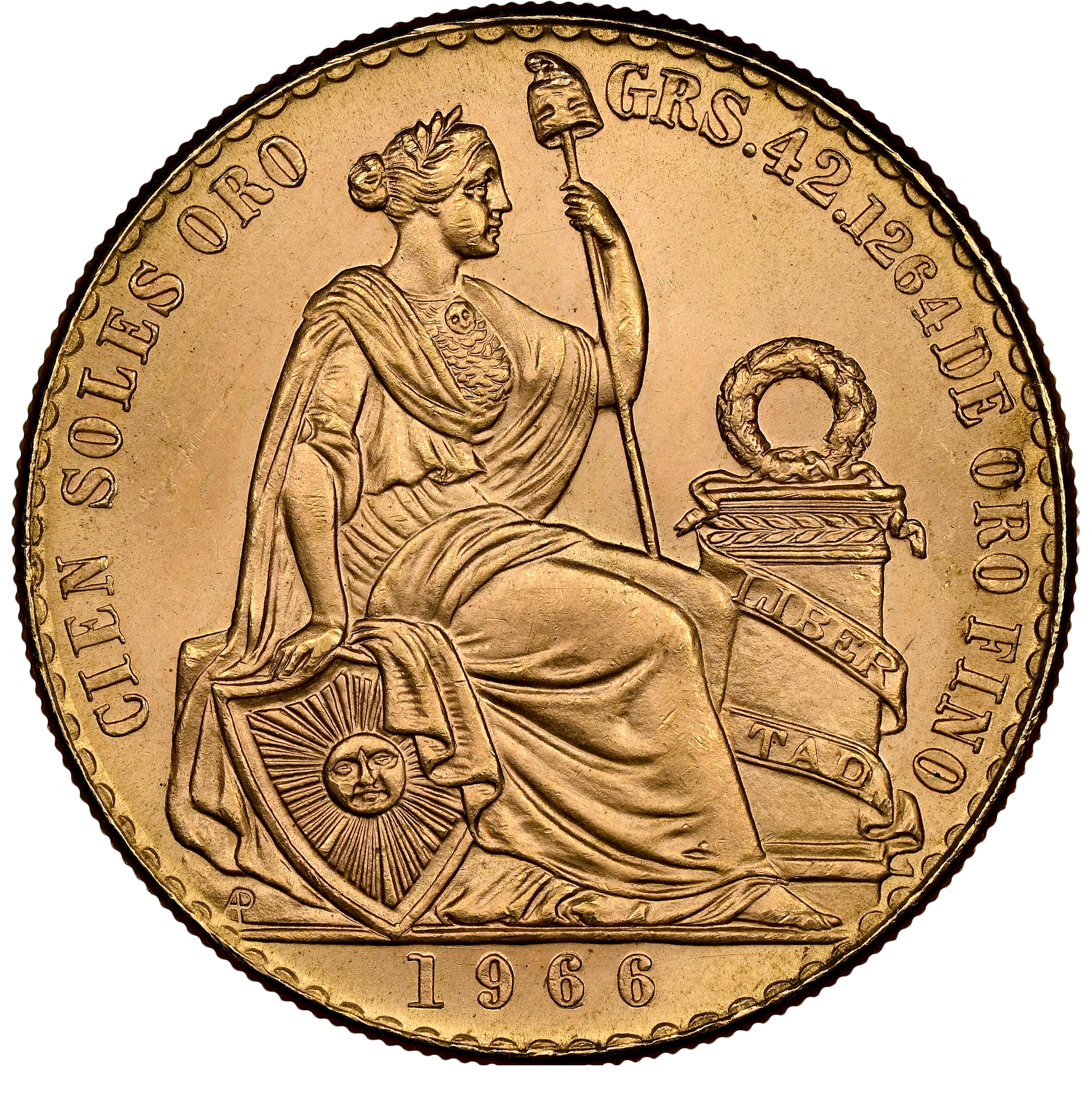 ペルー 1966年 女神座像 100ソル金貨 MS64：8523266-001