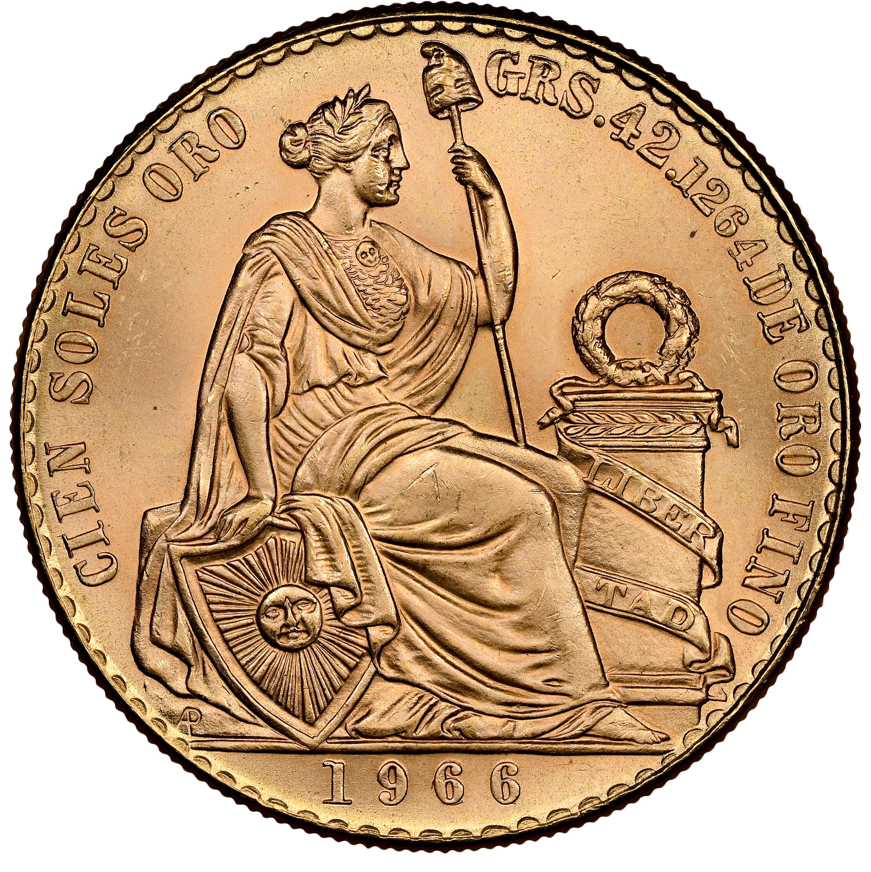 ペルー 1966年 女神座像 100ソル金貨 MS64：8523266-005