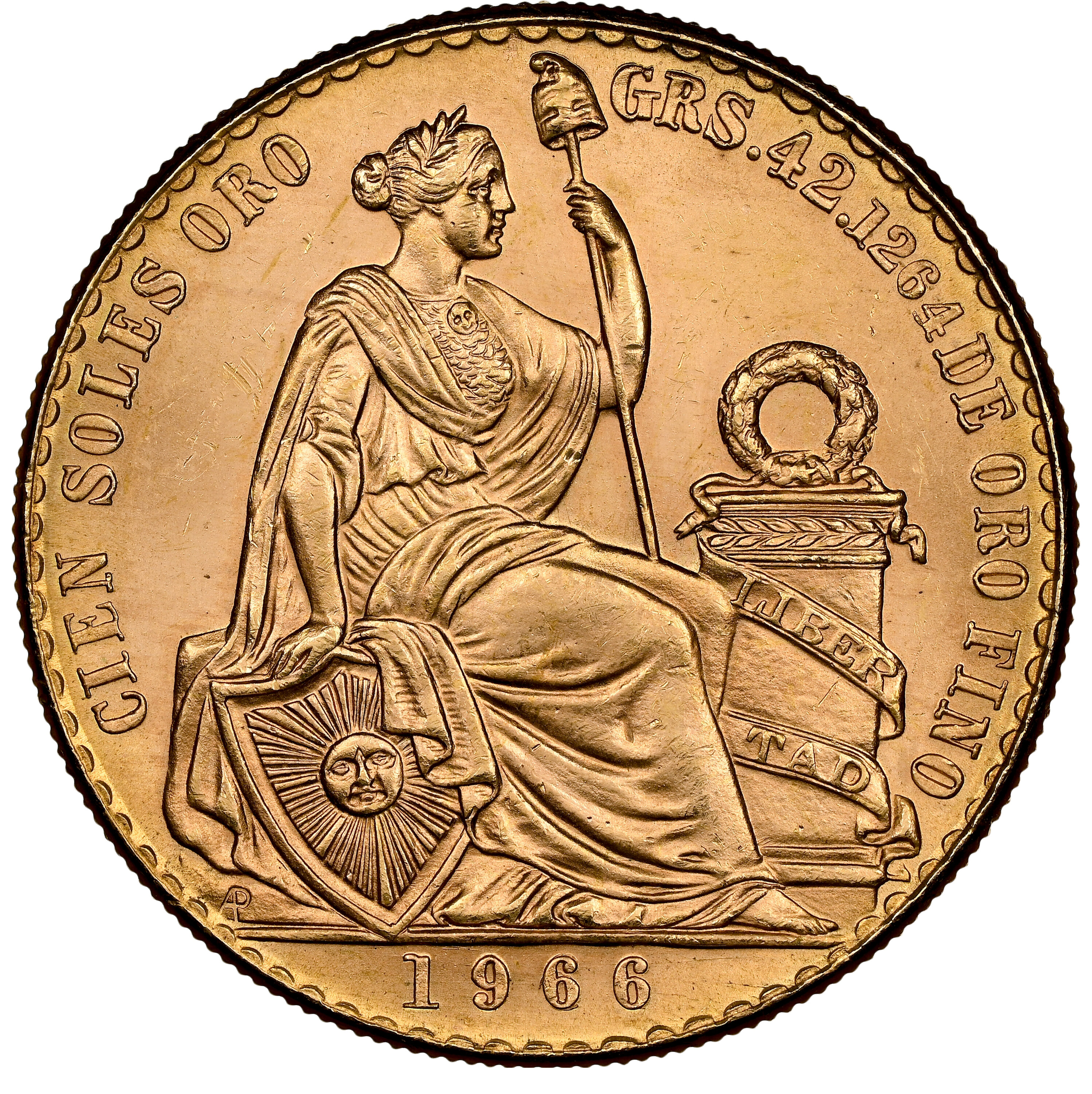 ペルー 1966年 女神座像 100ソル金貨 MS64：8523266-006