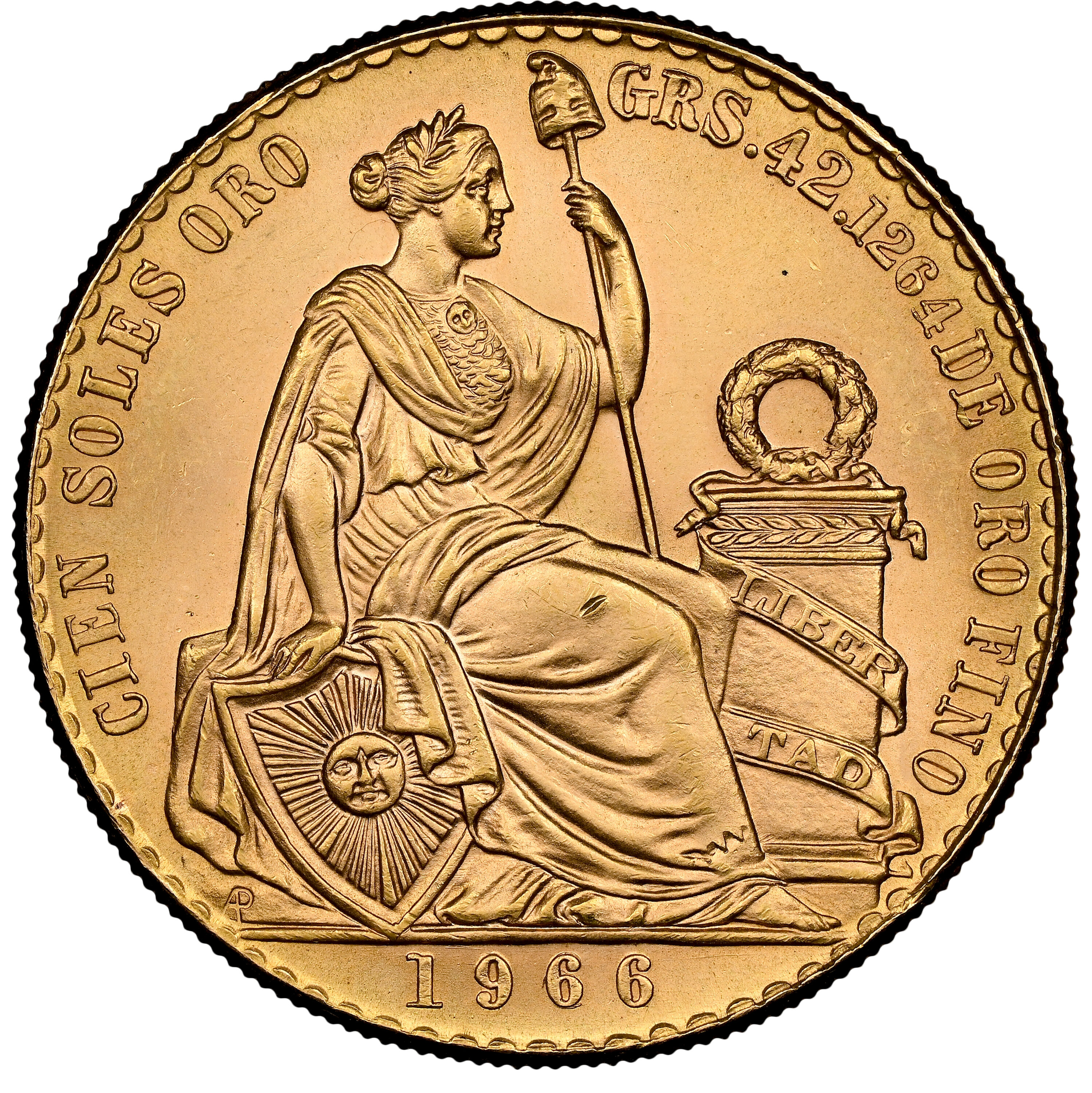 ペルー 1966年 女神座像 100ソル金貨 MS65：8523265-017