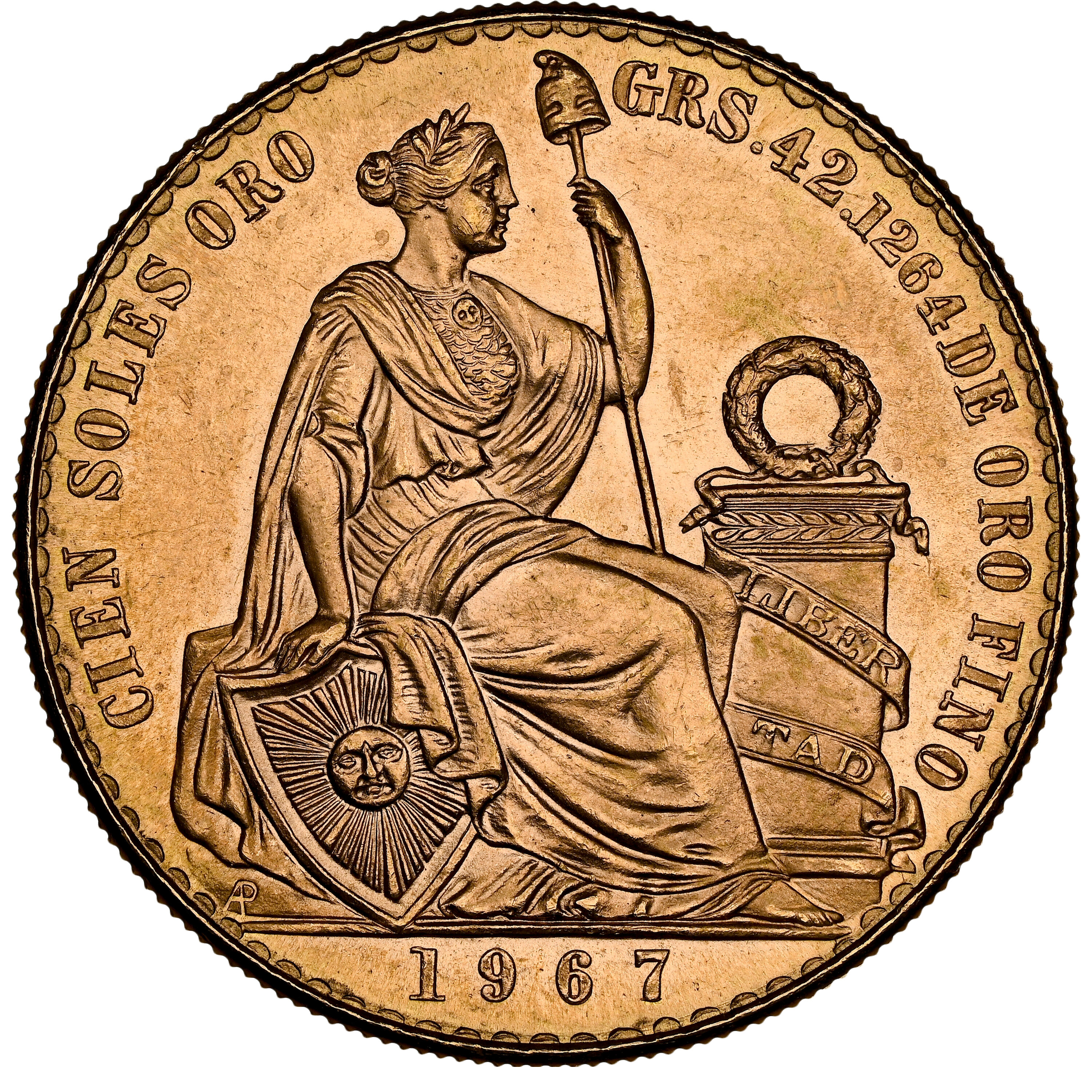ペルー 1967年 女神座像 100ソル金貨 MS65：8523266-015