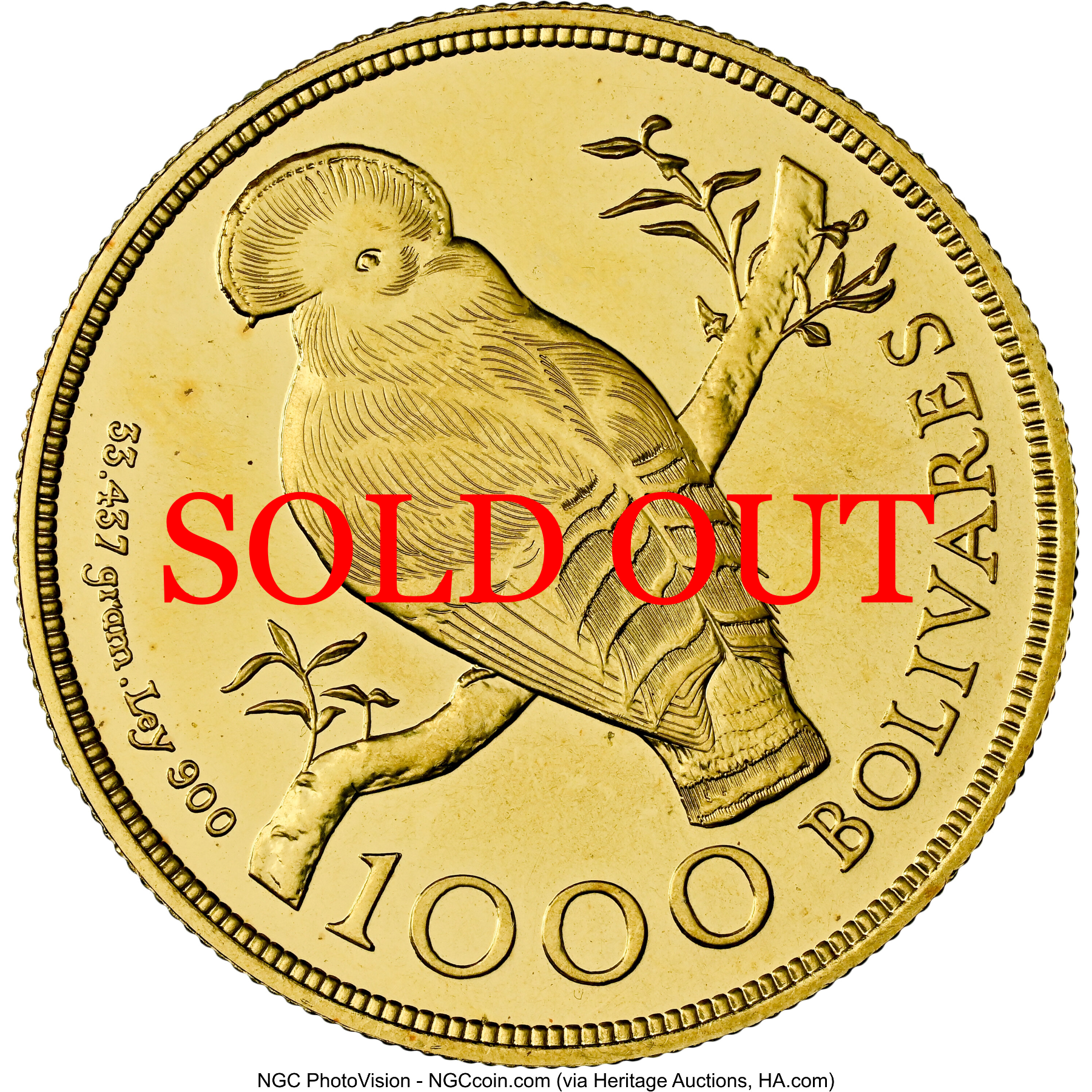 ベネズエラ 1975年 自然保護シリーズ アンデスイワドリ 1000ボリバル金貨 MS66：8662809-005