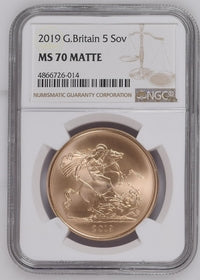 イギリス 2019年 エリザベス2世 5ポンド金貨 MS70MATTE：4866726-014