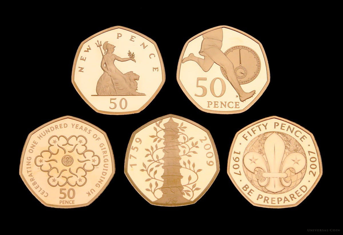 イギリス 2019年 50ペンス発行50周年記念 カルチャー金貨 Piedfort 5枚セット：裸