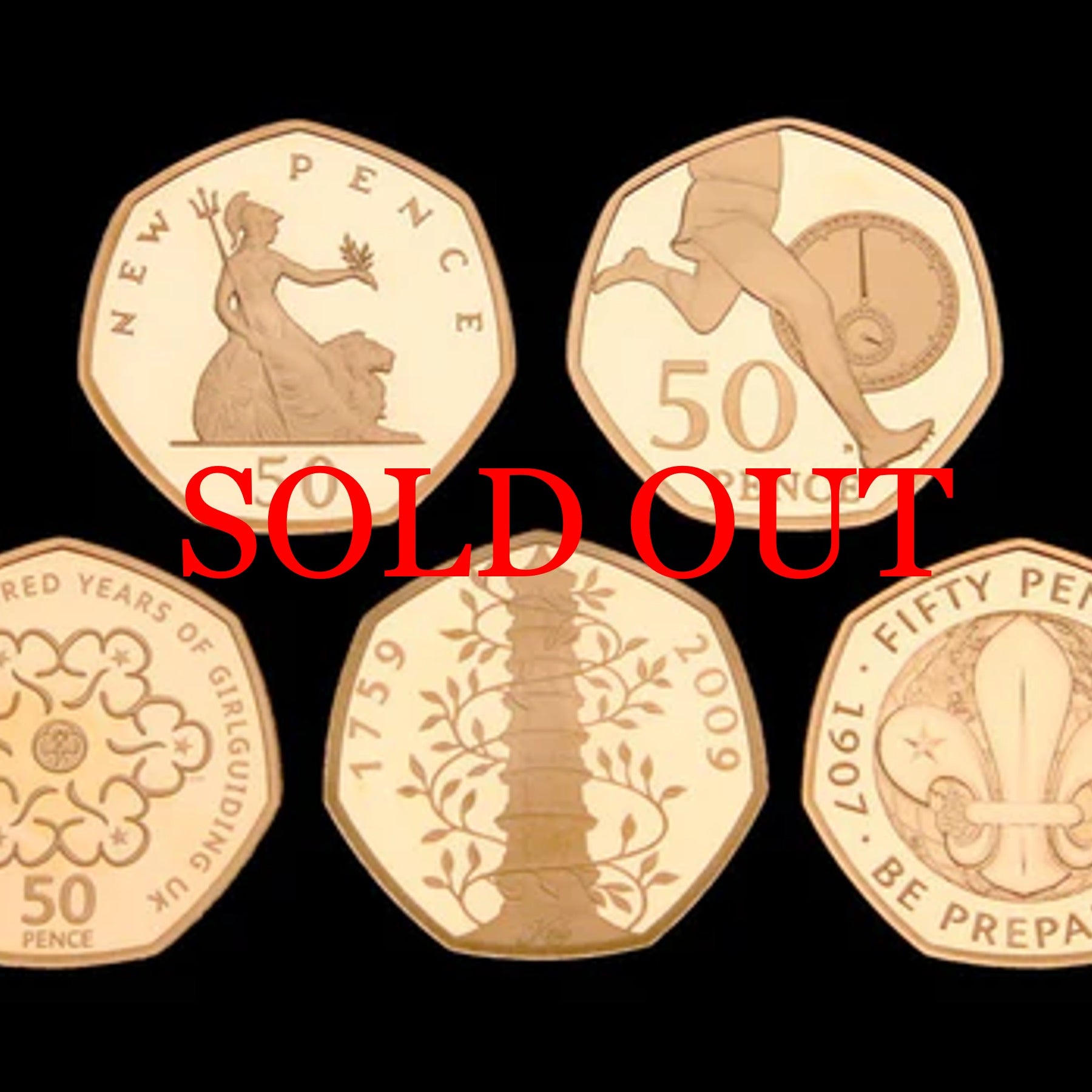 イギリス 2019年 50ペンス発行50周年記念 カルチャー金貨 Piedfort 5枚セット：裸