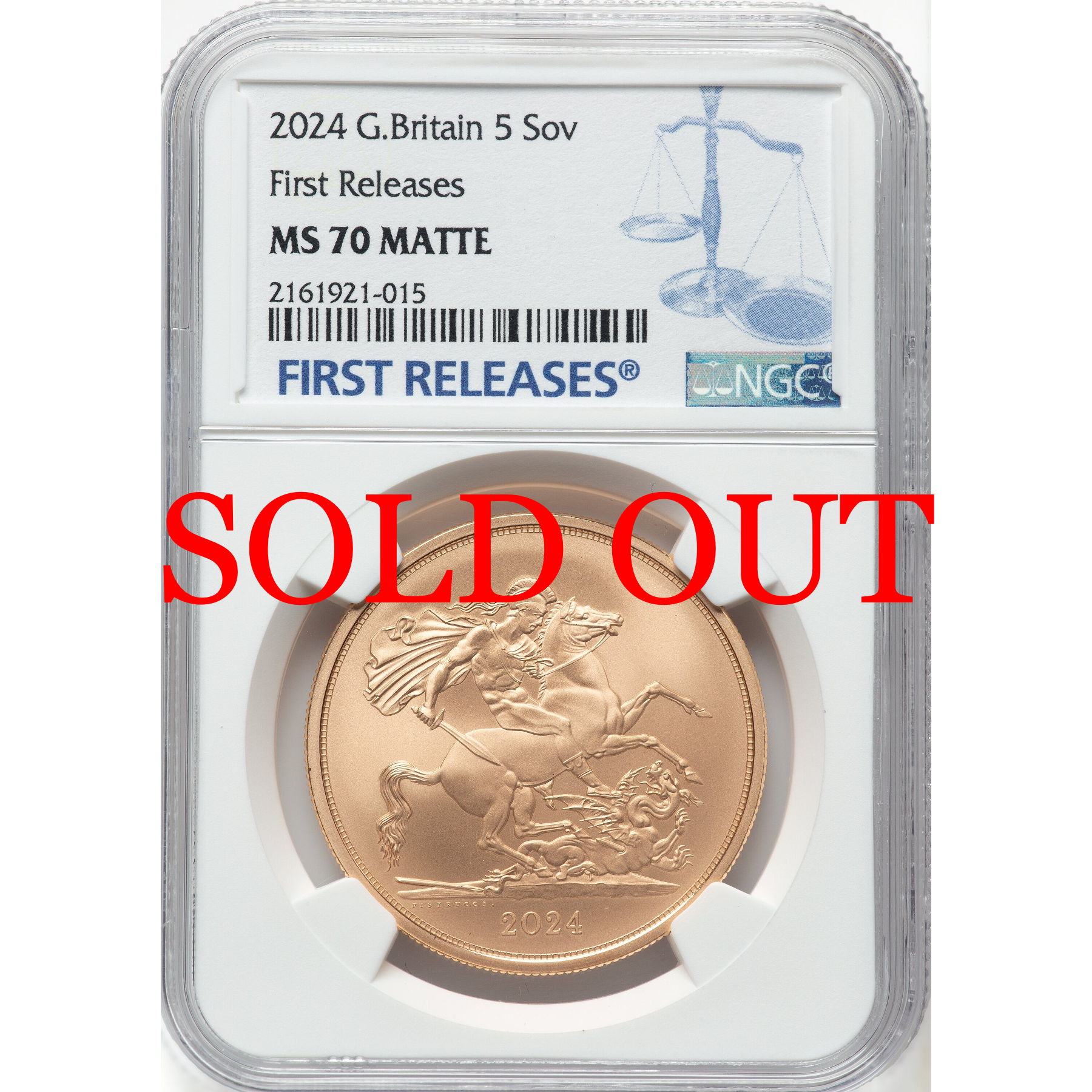 イギリス 2024年 聖ジョージと竜退治 5ポンド金貨 MS70MATTE：2161921-015